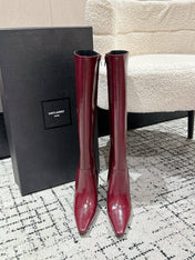 YSL 25S PLATFORM KNEE-HIGH BOOTS 70 MM IN WINE RED LAMBSKIN