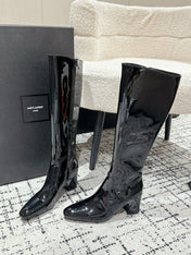 YSL 25S PLATFORM KNEE-HIGH BOOTS 70 MM IN BLACK GLOSSY LAMBSKIN