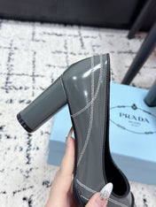 PRADA 26S BOWLING-STYLE HIGH HEELS 70MM IN STEEL GRAY GLOSSY CALFSKIN