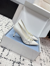 PRADA 26S POINTED-TOE HIGH HEELS 75MM IN CREAM WHITE CALFSKIN