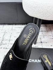 CHANEL 26S MULE LOAFERS IN BLACK SUEDE WITH CC LOGO