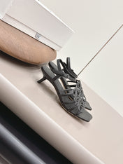 LOEWE 26S SQUARE TOE HEEL SANDALS 50MM IN BLACK CALFSKIN LOGO