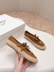 PRADA 26S MARY JANE ESPADRILLES SHOES IN CARAMEL BROWN SUEDE WITH LOGO