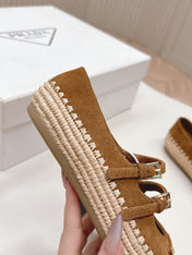 PRADA 26S MARY JANE ESPADRILLES SHOES IN CARAMEL BROWN SUEDE WITH LOGO