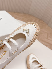 PRADA 26S MARY JANE ESPADRILLES SHOES IN WHITE CALFSKIN WITH LOGO