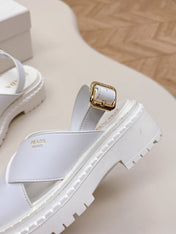 PRADA 25S CRISSCROSS SANDALS IN WHITE CALFSKIN