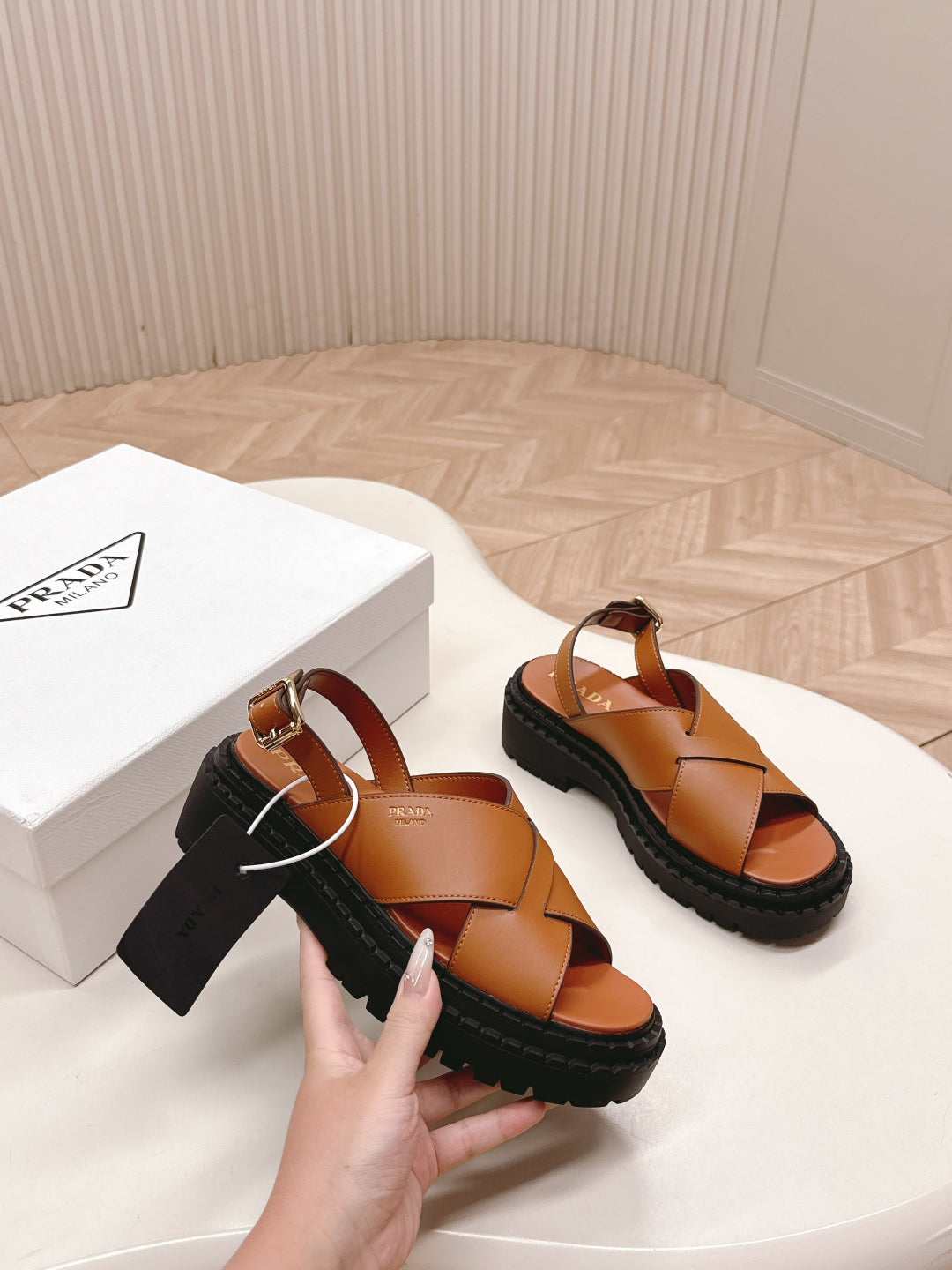 PRADA 25S CRISSCROSS SANDALS IN LIGHT TAN CALFSKIN