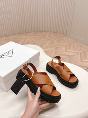 PRADA 25S CRISSCROSS SANDALS IN LIGHT TAN CALFSKIN
