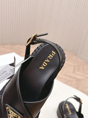 PRADA 25S SANDALS IN BLACK CALFSKIN LOGO GOLD HARDWARE