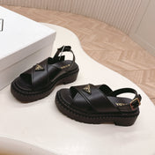 PRADA 25S SANDALS IN BLACK CALFSKIN LOGO GOLD HARDWARE