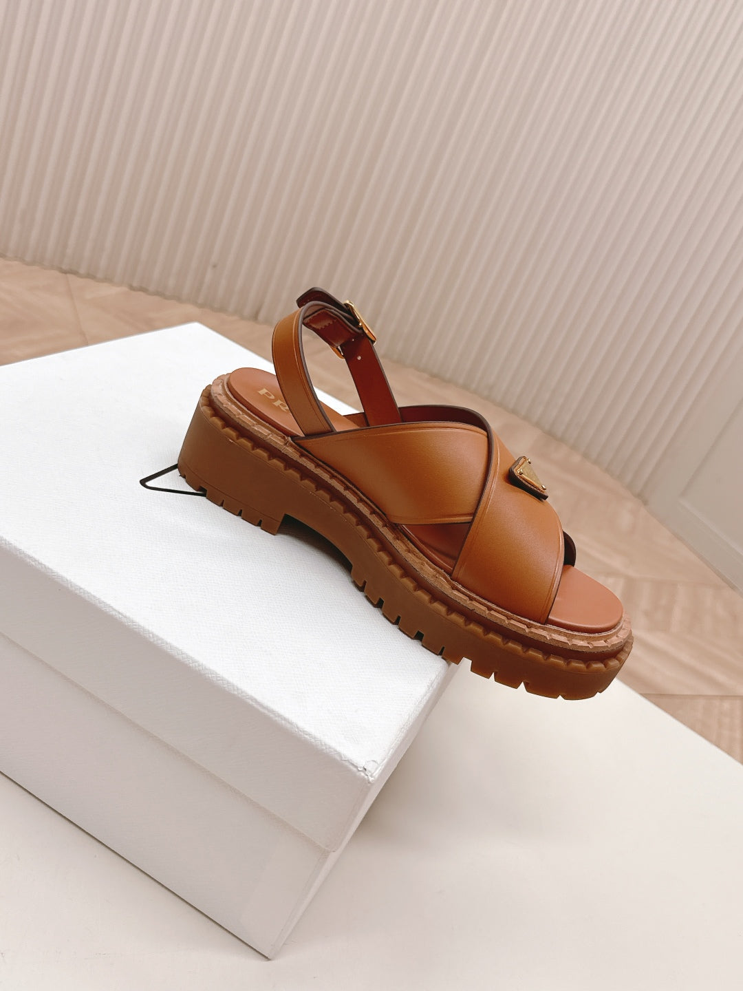 PRADA 25S SANDALS IN LIGHT TAN CALFSKIN LOGO GOLD HARDWARE