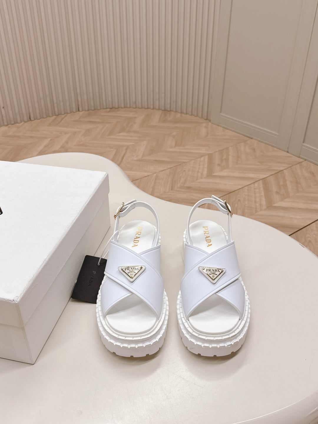 PRADA 25S SANDALS IN WHITE CALFSKIN LOGO GOLD HARDWARE