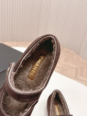 CHANEL FLAT MARY JANE SHOES 25S IN DARK BROWN VELVET