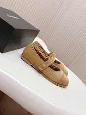CHANEL FLAT MARY JANE SHOES 25S IN WARM BEIGE VELVET