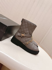CHANEL ANKLE BOOTS 25S IN SMOKY GREY LAMBSKIN EMBOSSED LOGO WITH GOLD HARDWARE