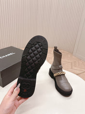 CHANEL ANKLE BOOTS 25S IN SMOKY GREY LAMBSKIN EMBOSSED LOGO WITH GOLD HARDWARE