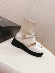 CHANEL ANKLE BOOTS 25S IN CREAM WHITE LAMBSKIN AND FABRIC WITH GOLD HARDWARE