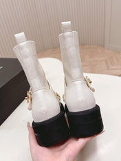 CHANEL ANKLE BOOTS 25S IN CREAM WHITE LAMBSKIN AND FABRIC WITH GOLD HARDWARE