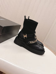 CHANEL ANKLE BOOTS 25S IN BLACK LAMBSKIN AND FABRIC WITH GOLD HARDWARE