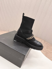 CHANEL ANKLE BOOTS 25S IN BLACK LAMBSKIN AND FABRIC WITH GOLD HARDWARE