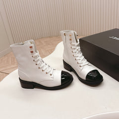 CHANEL ANKLE BOOTS 25S IN WHITE MIX BLACK LAMBSKIN WITH ZIPPER