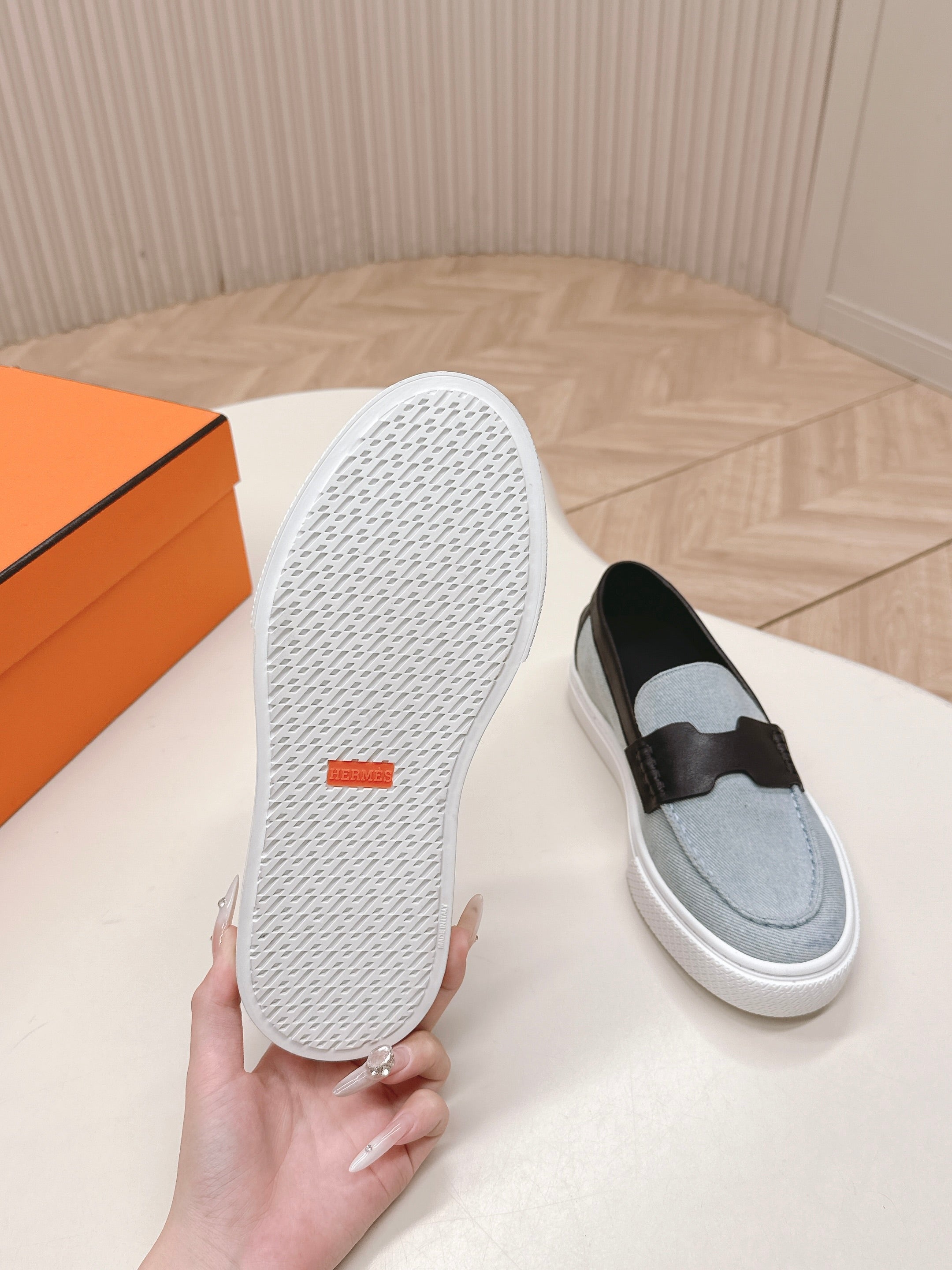 HM 25S SLIP-ON IN BLUE DENIM AND BLACK LAMBSKIN