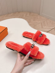 HM 25S ORAN SANDAL IN RED ORANGE SHEARLING WITH SILVER HARDWARE
