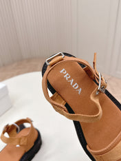 PRADA 26S SINGLE STRAP CHUNKY SOLE SANDALS IN CARAMEL BROWN CANVAS