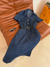 CELINE 25 ARC DE TRIOMPHE LOGO EMBROIDERED DENIM DRESS BLUE COTTON