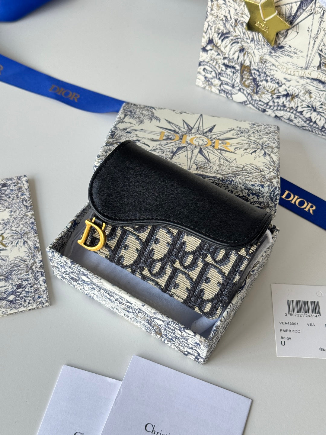 DIOR 25S SADDLE JASMINE GUSSET CARD HOLDER 10 IN BLUE BLACK OBLIQUE JACQUARD CANVAS AND CALFSKIN