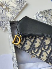 DIOR 25S SADDLE JASMINE GUSSET CARD HOLDER 10 IN BLUE BLACK OBLIQUE JACQUARD CANVAS AND CALFSKIN
