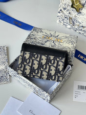 DIOR 25S SADDLE JASMINE GUSSET CARD HOLDER 10 IN BLUE BLACK OBLIQUE JACQUARD CANVAS AND CALFSKIN