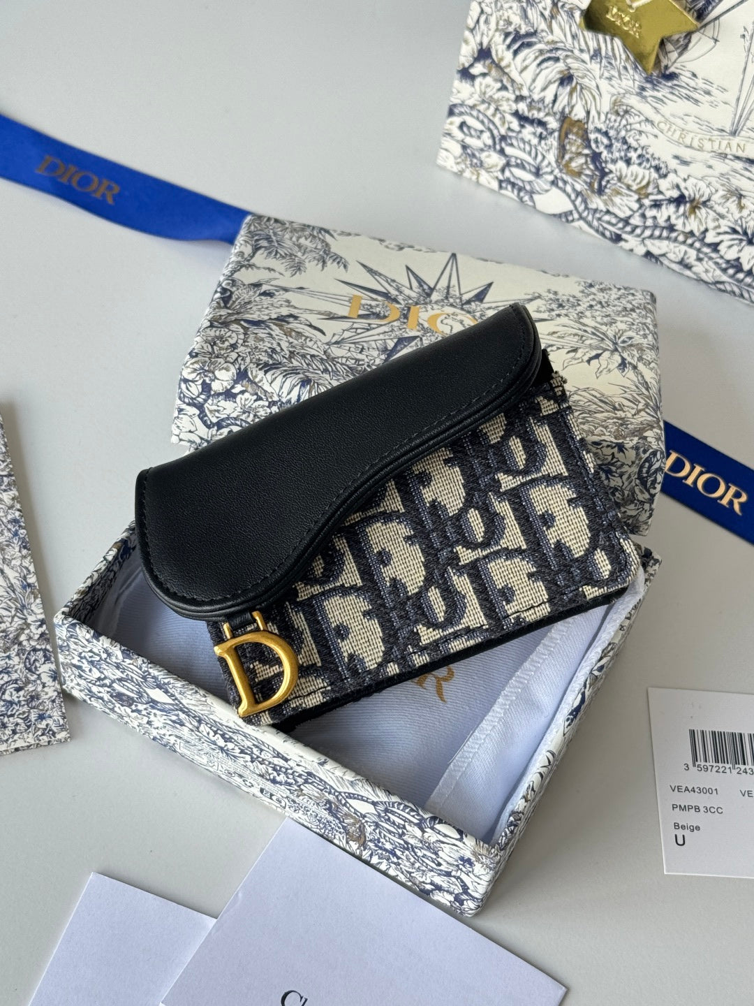 DIOR 25S SADDLE JASMINE GUSSET CARD HOLDER 10 IN BLUE BLACK OBLIQUE JACQUARD CANVAS AND CALFSKIN