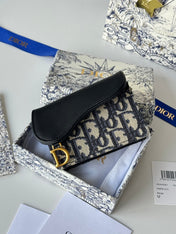 DIOR 25S SADDLE JASMINE GUSSET CARD HOLDER 10 IN BLUE BLACK OBLIQUE JACQUARD CANVAS AND CALFSKIN
