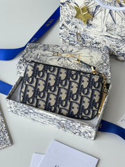 DIOR 25S TRAVEL MYRTE ZIPPED KEY CASE 14 IN DARK BLUE DIOR OBLIQUE JACQUARD CANVAS