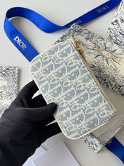 DIOR 25S TRAVEL MYRTE ZIPPED KEY CASE 14 IN BLUE DIOR OBLIQUE JACQUARD CANVAS