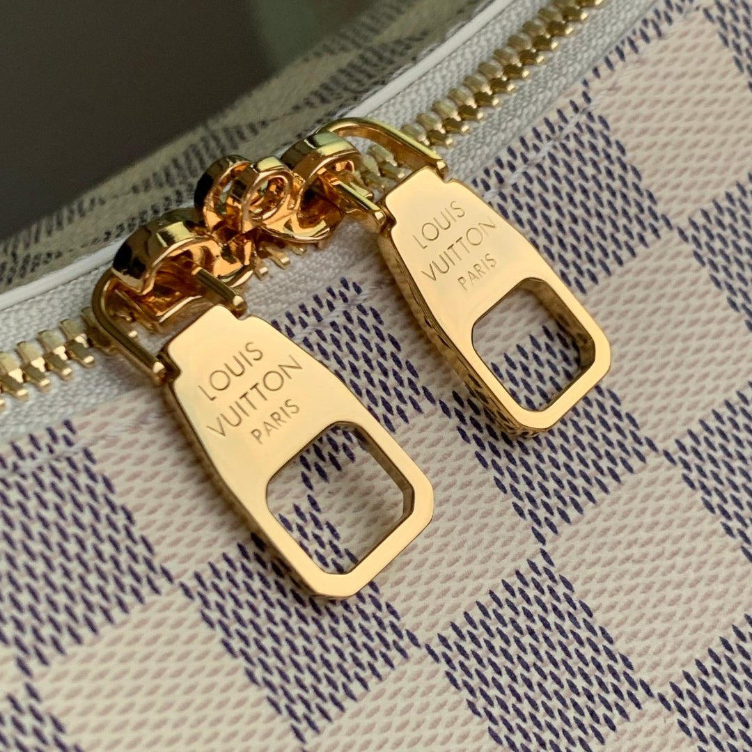 SLOUCHY PM 33 IN WHITE GREY CHECKERBOARD PATTERN DAMIER AZUR COATED CANVAS