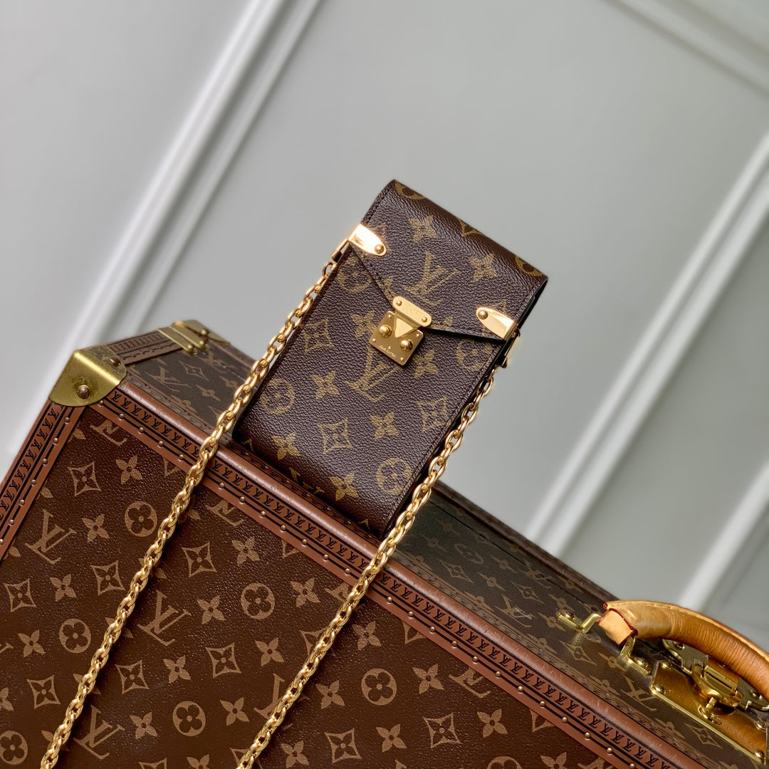 PHONE POUCH 17.5 IN BROWN MONOGRAM COATED CANVAS AND CALFSKIN