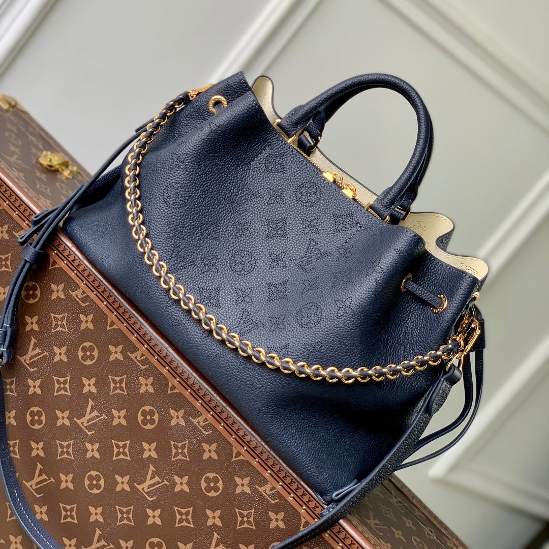 BELLA TOTE 32 IN DARK BLUE MONOGRAM PERFORATED CALFSKIN GOLD HARDWARE