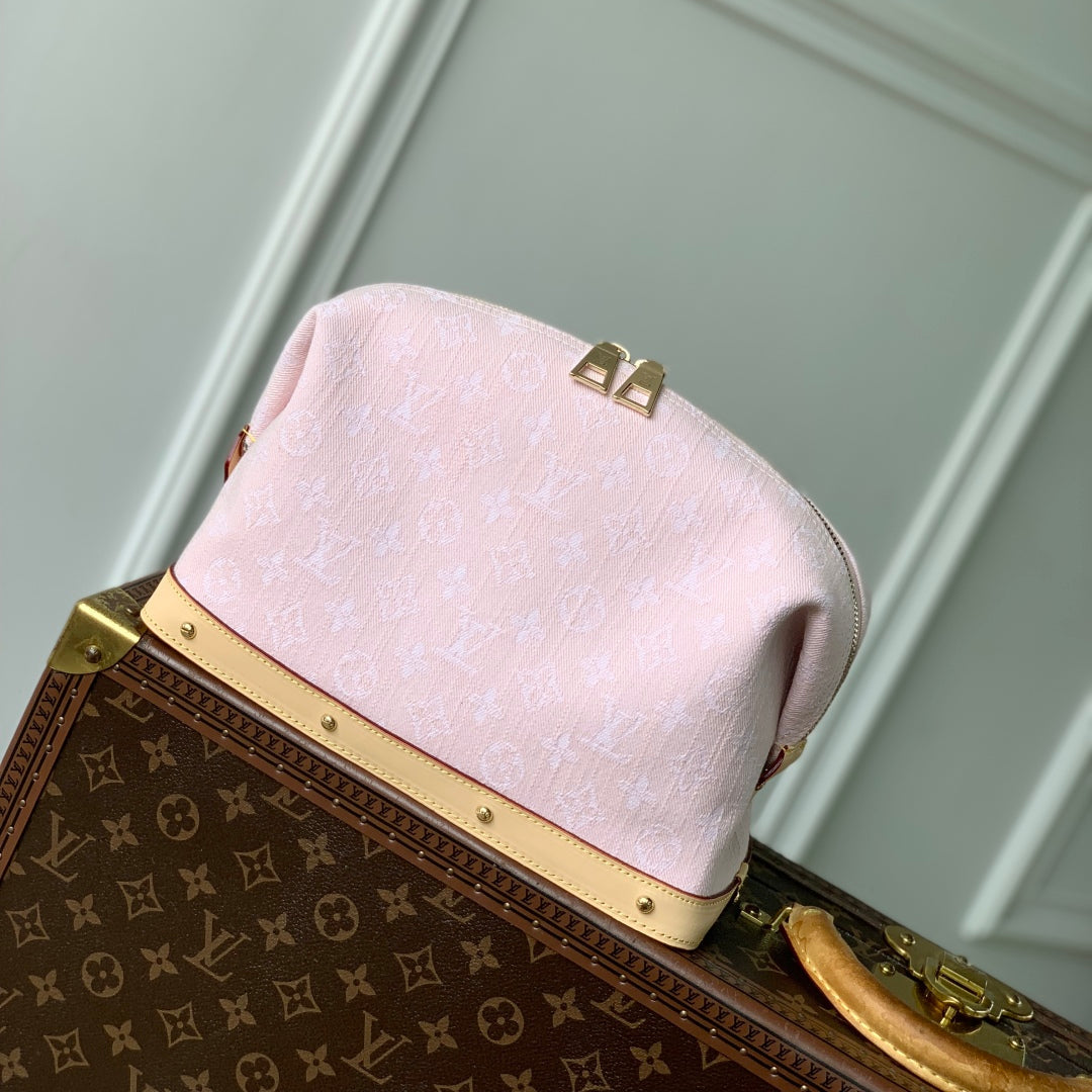 COSMETIC POUCH 27 IN PINK MONOGRAM DENIM GOLD HARDWARE