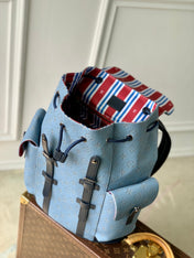 CHRISTOPHER MM BACKPACK 44 IN SKY BLUE MONOGRAM HERITAGE CANVAS BLACK CALFSKIN
