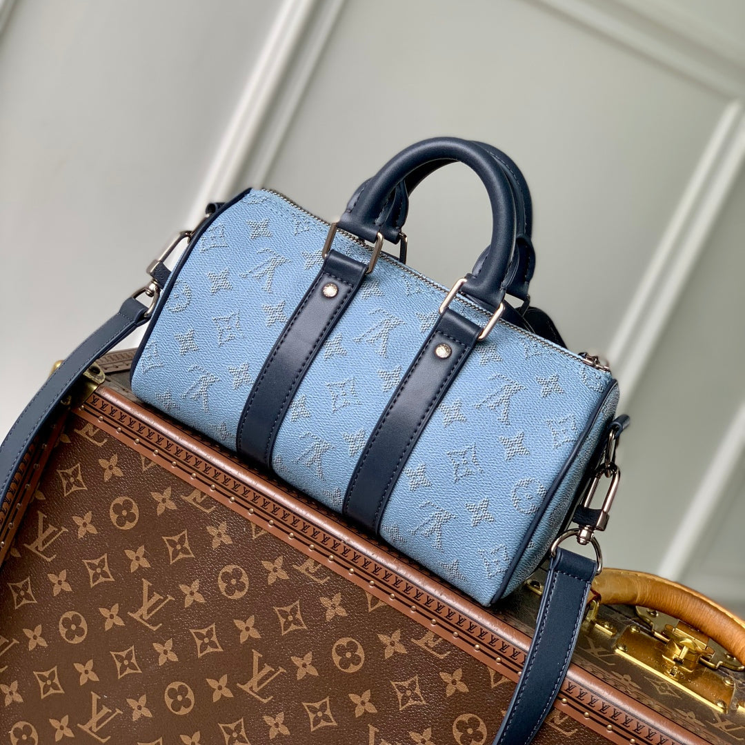 KEEPALL BANDOULIÈRE 25 INSKY BLUE MONOGRAM HERITAGE CANVAS DARK BLUE CALFSKIN