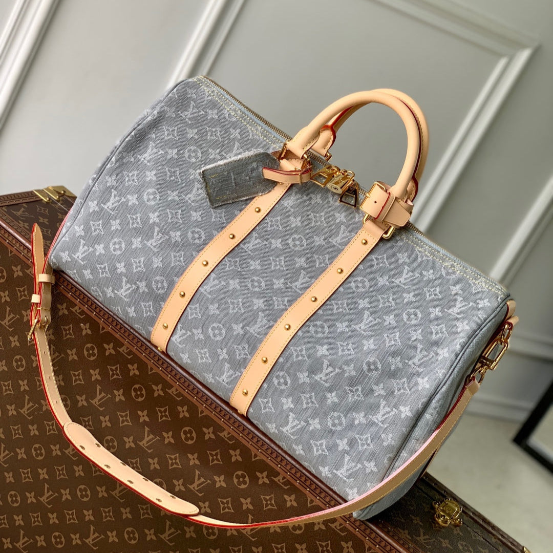 KEEPALL BANDOULIÈRE 45 IN GREY MONOGRAM DENIM LIGHT BROWN CALFSKIN