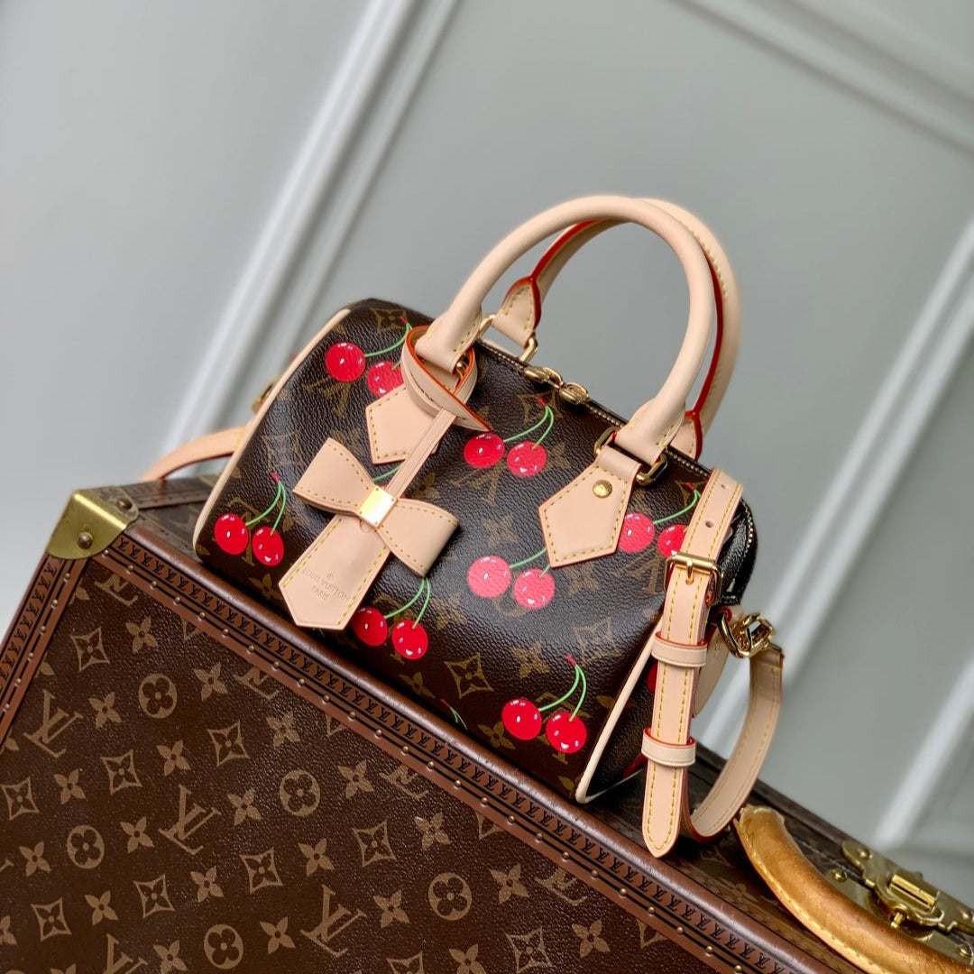 SPEEDY BANDOULIÈRE 20.5 BAG IN BROWN CANVAS CHERRY PRINTED