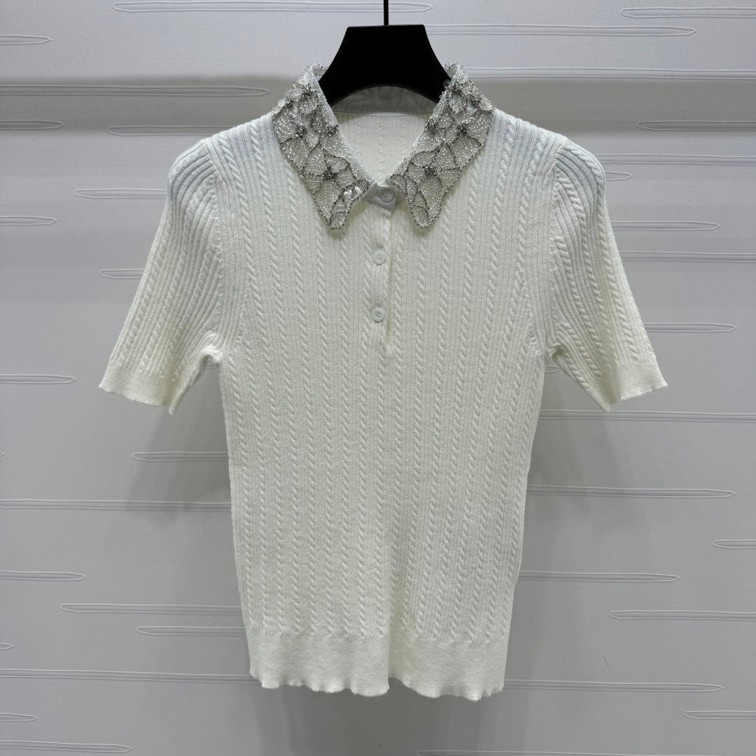 MIU 25S SHORT SLEEVE BEADED COLLAR SHIRT 264247