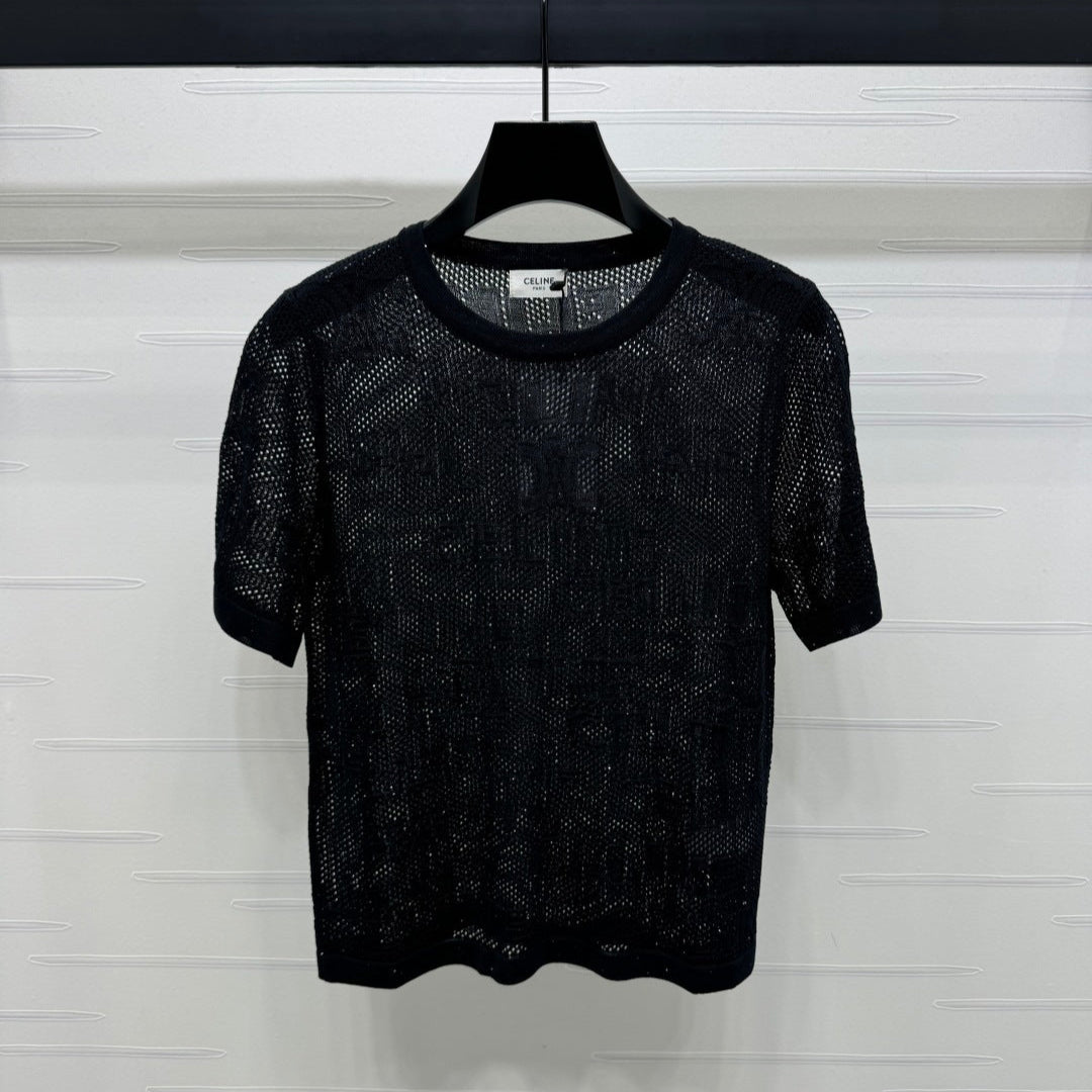 CELINE SHORT-SLEEVE CROCHET TOP BLACK 274808