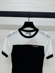 MIUMIU CREW NECK SHORT-SLEEVE SHEER KNIT TOP 274813