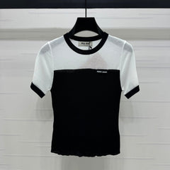 MIUMIU CREW NECK SHORT-SLEEVE SHEER KNIT TOP 274813
