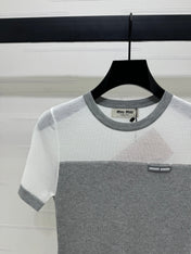 MIUMIU CREW NECK SHORT-SLEEVE SHEER KNIT TOP 274812