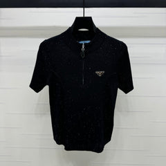 PRADA MOCK NECK SHORT-SLEEVE KNIT TOP BLACK 274816